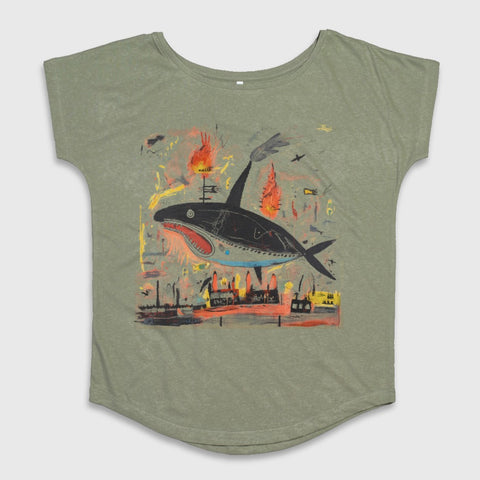 Artistic Whale and Fire Top American Cotton Fashion Tee