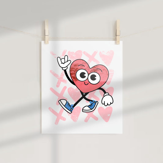 Cute Heart Character Walking Art Print for Kids Room Decor