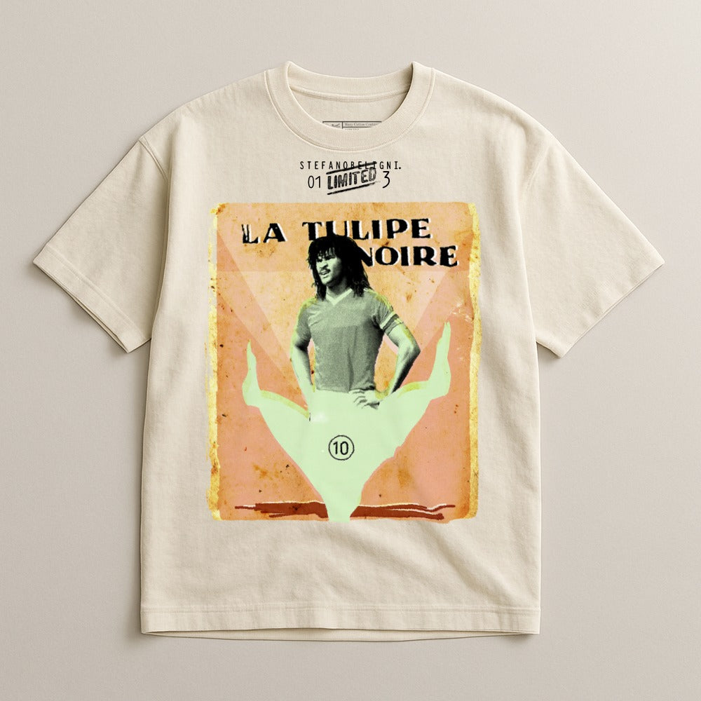 Cream t-shirt with "LA TULIPE NOIRE 01 LIMITED 3" and a vintage graphic.