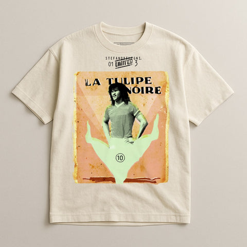 Cream t-shirt with "LA TULIPE NOIRE 01 LIMITED 3" and a vintage graphic.