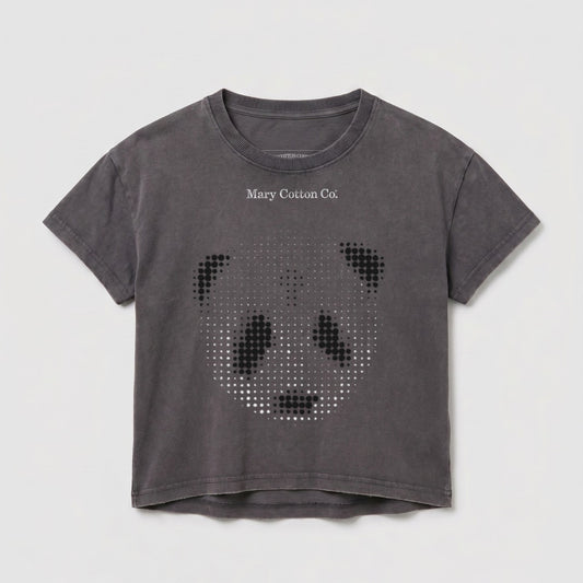 Gray t-shirt with a pixelated panda graphic and "Mary Cotton Co." text.