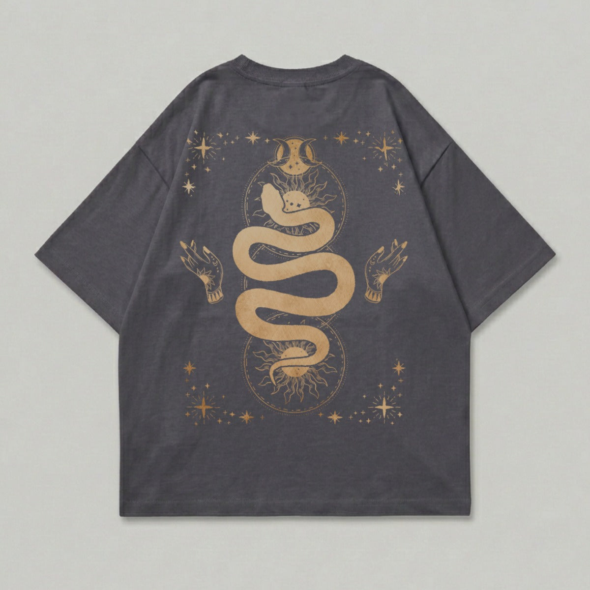 Mystic Snake Celestial Hands Sun Moon Star Dark Gray product type
Snake design
Celestial print
Mystical art
Occult fashion
Sun moon stars
Hands graphic
Dark gray top
Serpent symbol
Astrology theme
Cosmic design
Spiritual shirt
Esoteric apparel
Gothic style
Oversized graphic
Artistic tee
Unique print
Mythological design
Indie aesthetic
Golden print
Back print design