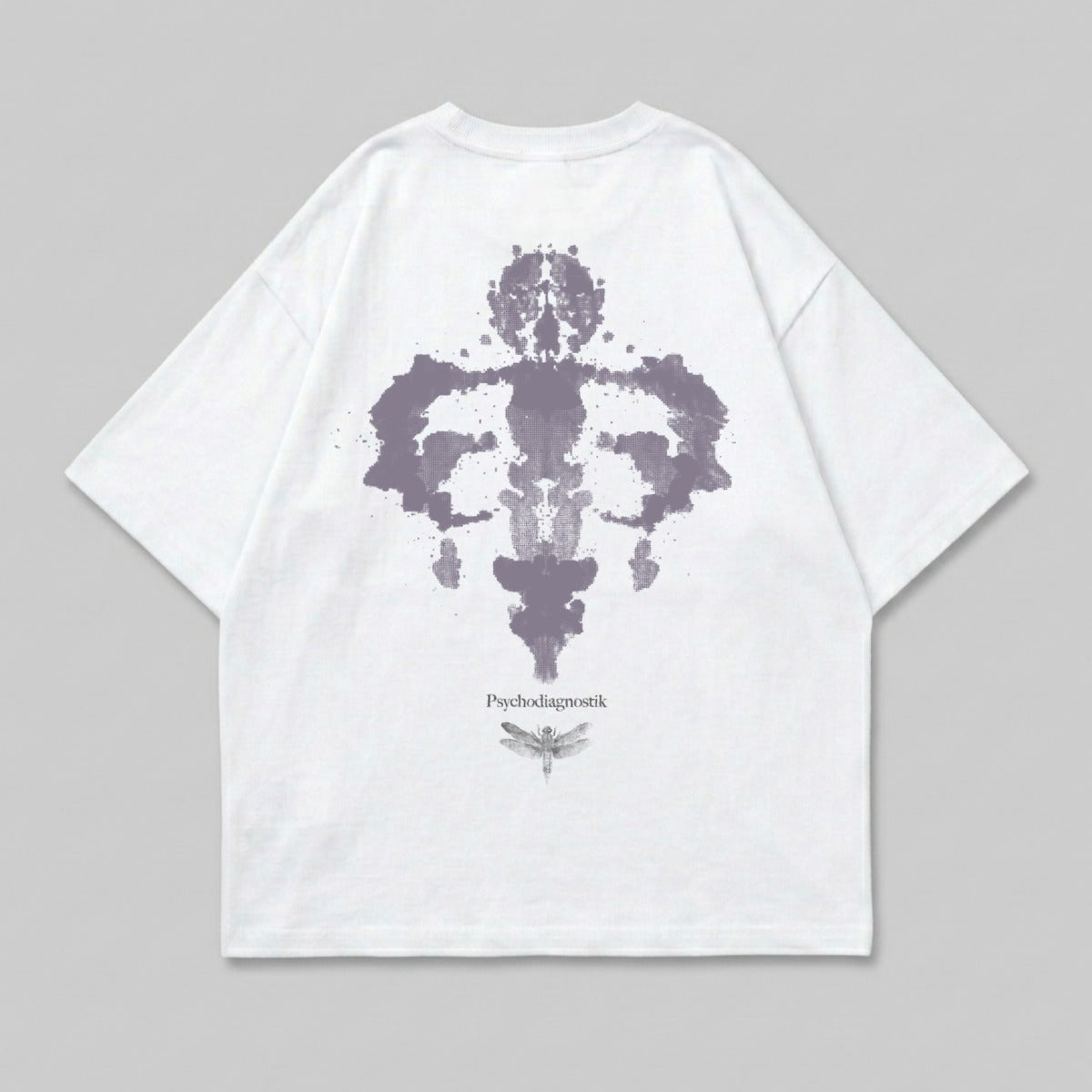 White t-shirt with Rorschach-like inkblot design and "Psychodiagnostik" text.