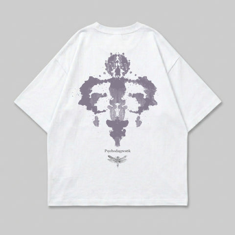 White t-shirt with Rorschach-like inkblot design and "Psychodiagnostik" text.