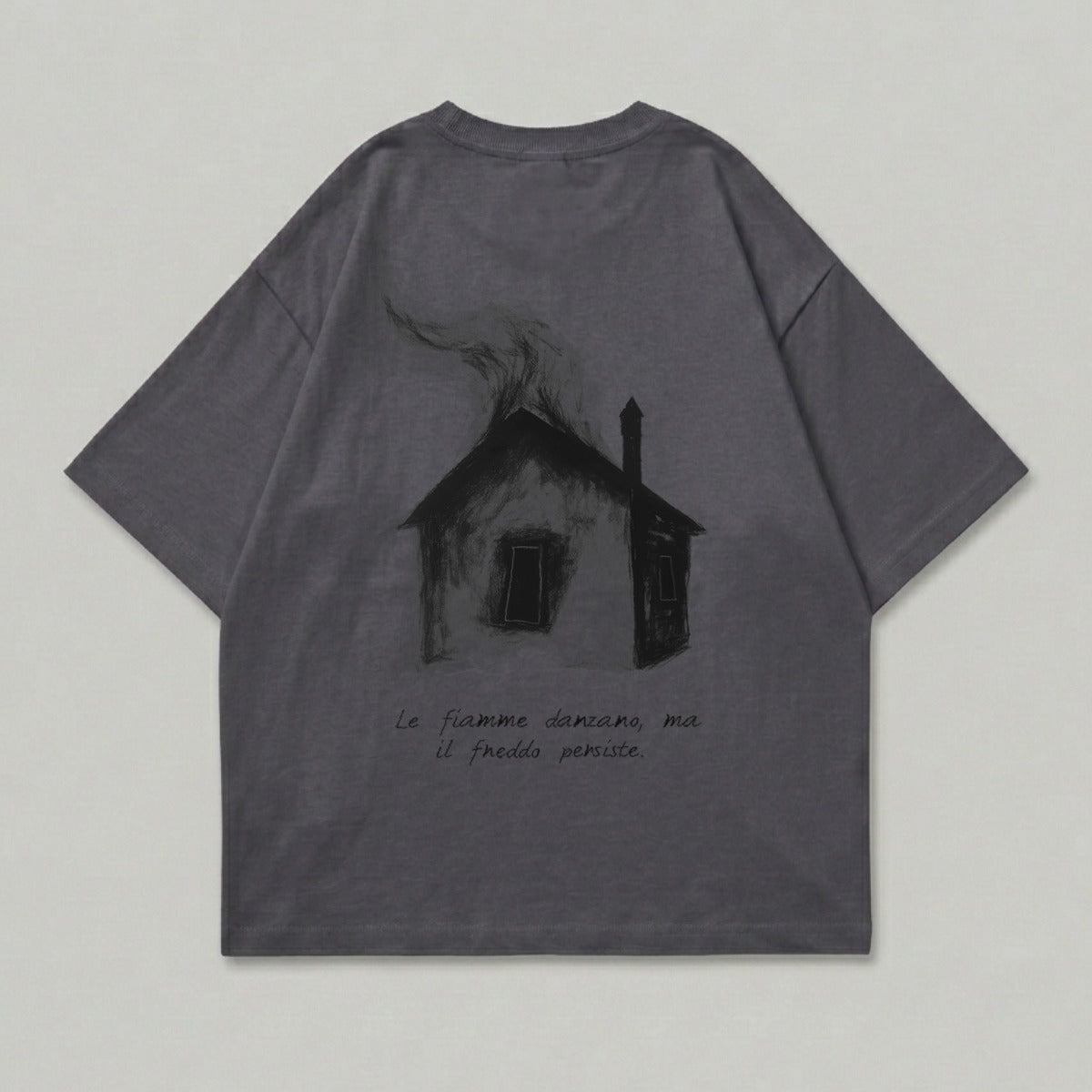 Dark graphic burning house Italian text design product type
t-shirt, graphic tee, dark aesthetic, burning house, house graphic, smoke art, Italian quote, cryptic design, streetwear, urban fashion, unique apparel, artistic print, charcoal grey, melancholic, philosophical tee, text graphic, street fashion, abstract house, grunge style, statement tee