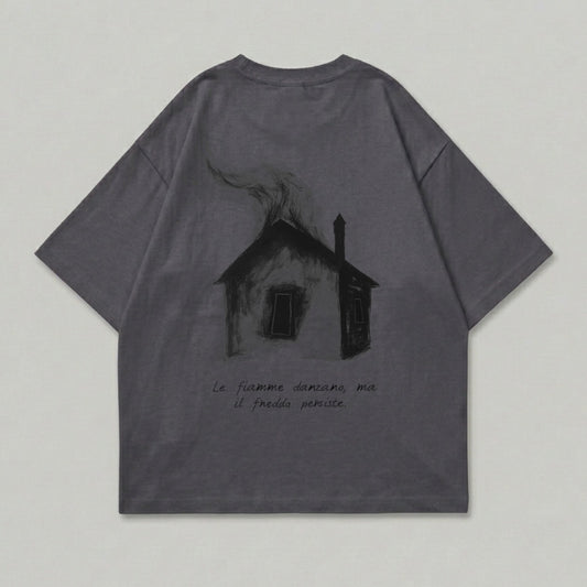 Dark graphic burning house Italian text design product type
t-shirt, graphic tee, dark aesthetic, burning house, house graphic, smoke art, Italian quote, cryptic design, streetwear, urban fashion, unique apparel, artistic print, charcoal grey, melancholic, philosophical tee, text graphic, street fashion, abstract house, grunge style, statement tee