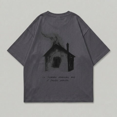 Dark graphic burning house Italian text design product type
t-shirt, graphic tee, dark aesthetic, burning house, house graphic, smoke art, Italian quote, cryptic design, streetwear, urban fashion, unique apparel, artistic print, charcoal grey, melancholic, philosophical tee, text graphic, street fashion, abstract house, grunge style, statement tee