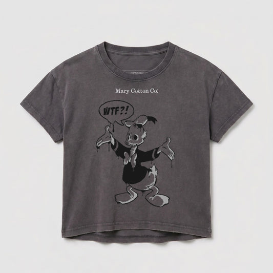 Gray t-shirt with a distressed cartoon skeleton Donald Duck graphic and "WTF?!" speech bubble.