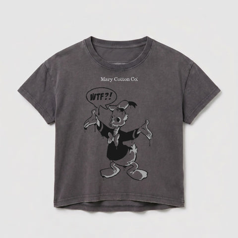 Gray t-shirt with a distressed cartoon skeleton Donald Duck graphic and "WTF?!" speech bubble.