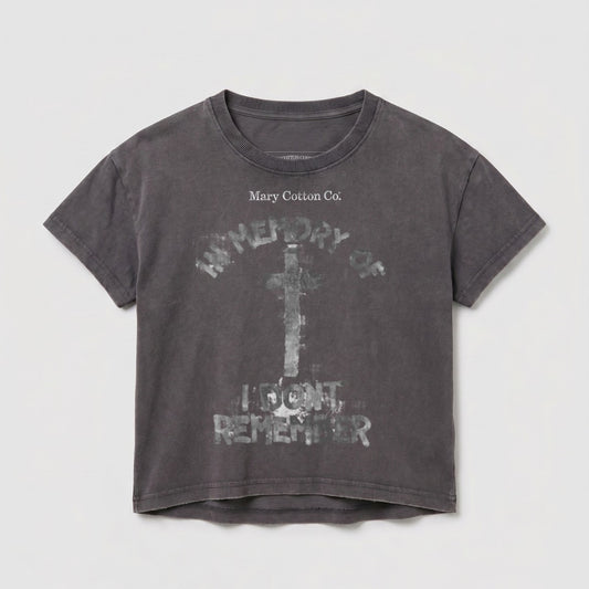 Dark grey t-shirt with "I don't remember" graphic and "Mary Cotton Co." text.