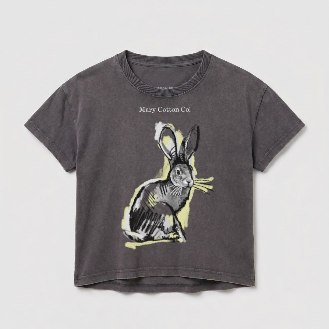 Gray t-shirt with charcoal sketch of a rabbit and "Mary Cotton Co." text.