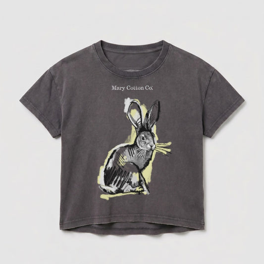 Gray t-shirt with charcoal sketch of a rabbit and "Mary Cotton Co." text.
