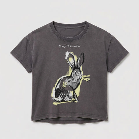 Gray t-shirt with charcoal sketch of a rabbit and "Mary Cotton Co." text.