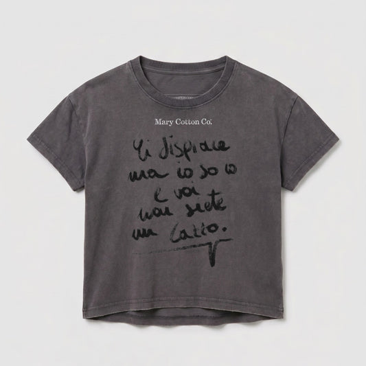 Dark grey t-shirt with "Mary Cotton Co." and handwritten Italian text.