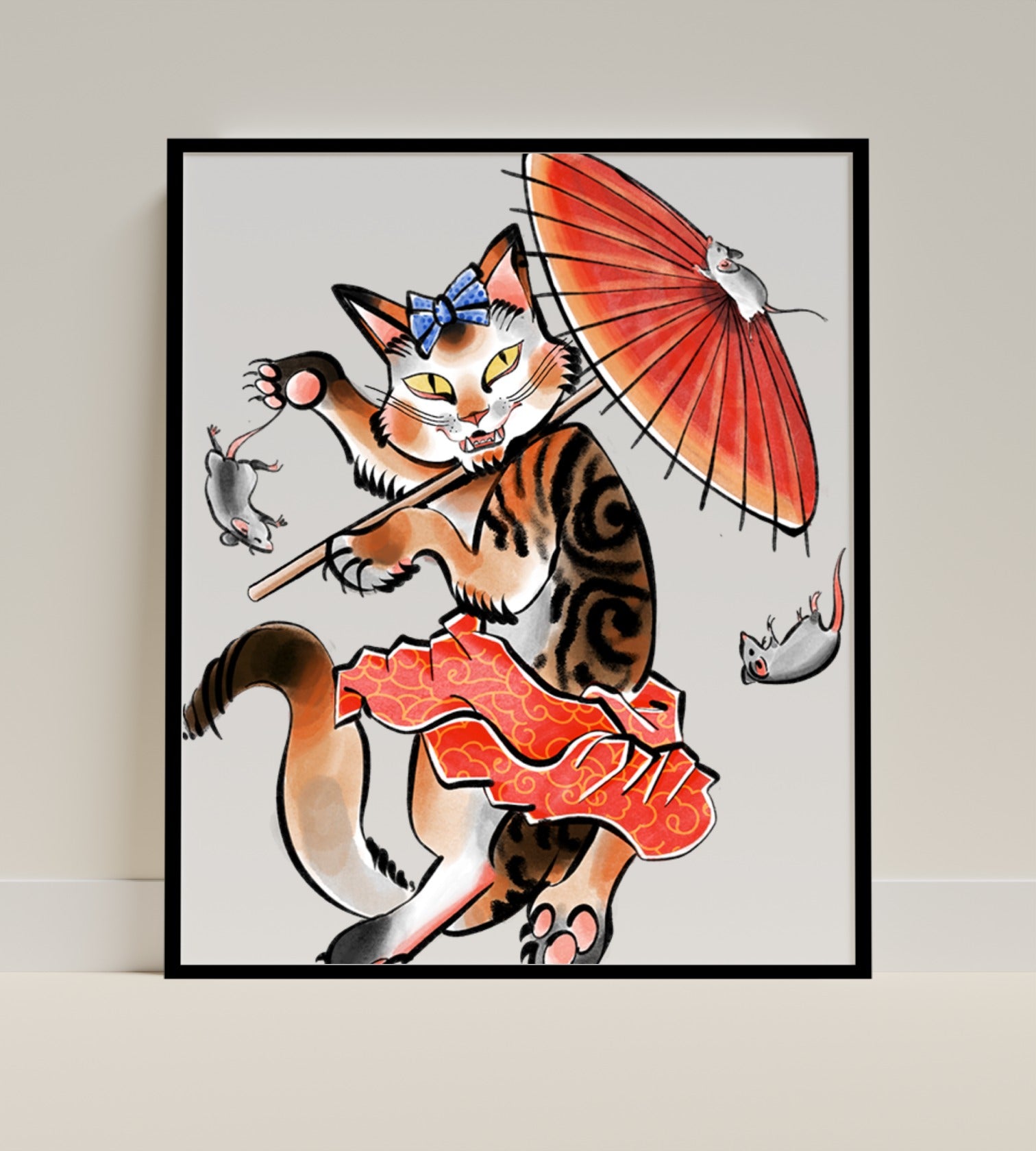 Playful Cat and Umbrella Digital Art Print