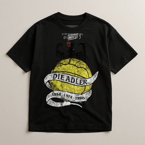 Black t-shirt featuring a yellow soccer ball with "DIE ADLER" banner and eagle graphic.
