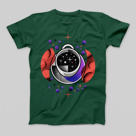 Retro Space Themed Graphic Printed Green T-shirt