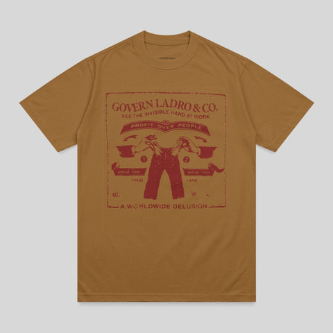 Brown t-shirt with red graphic featuring "Govern Ladro & Co. See the invisible hand at work" and "Profit Over People."