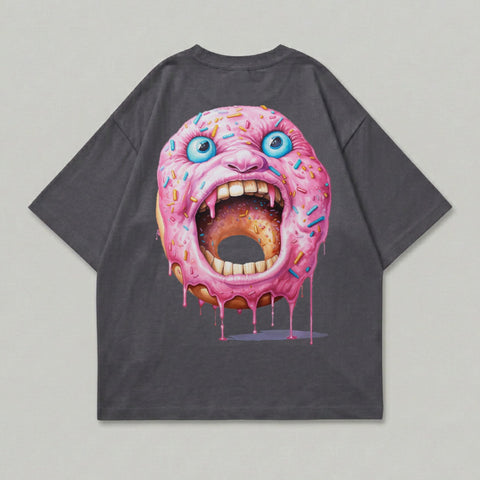 T-shirt with a cartoon donut monster graphic.