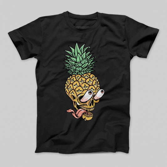 Pineapple Skull Graphic Design Black T-shirt
