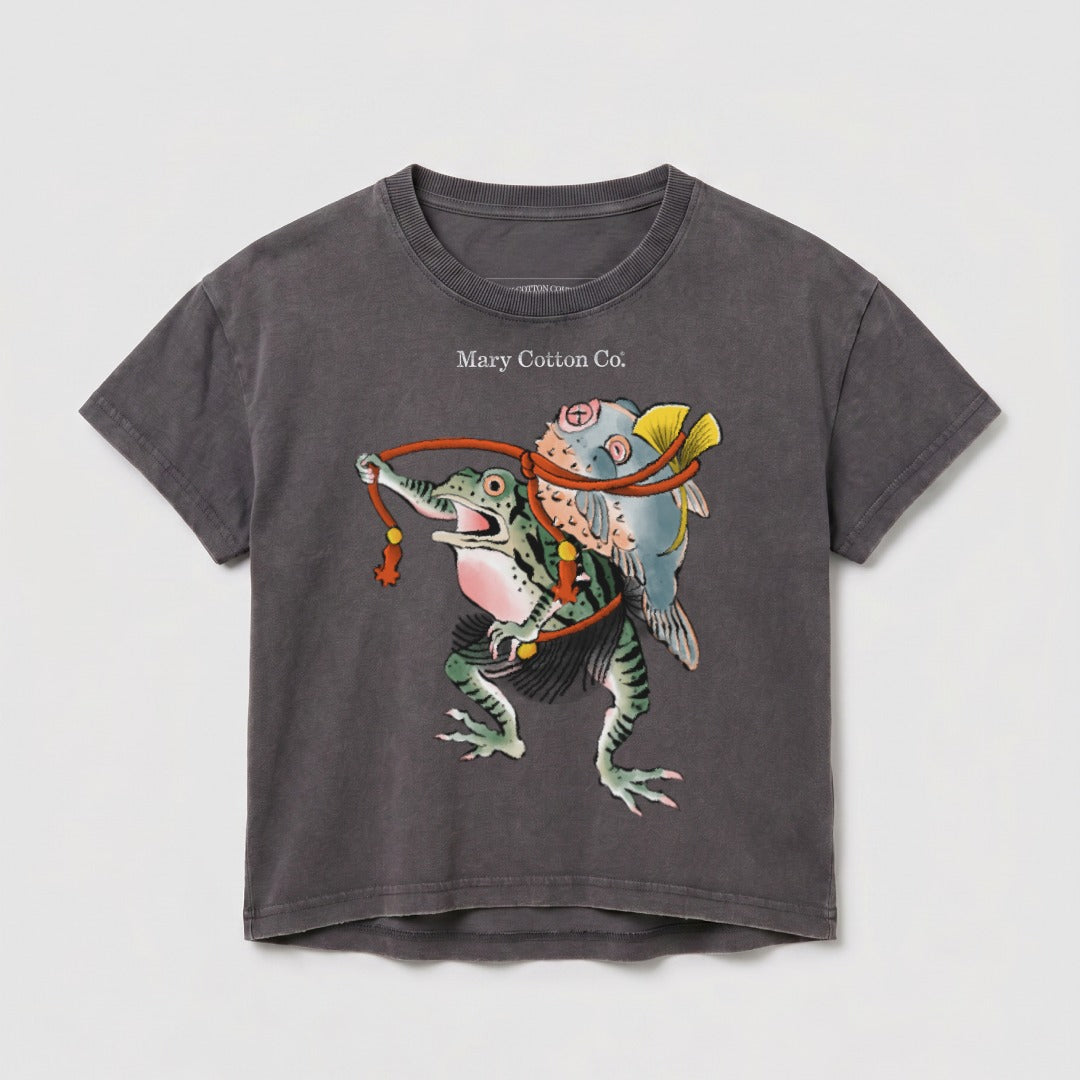 Dark grey t-shirt with graphic of a frog carrying a fish on its back.