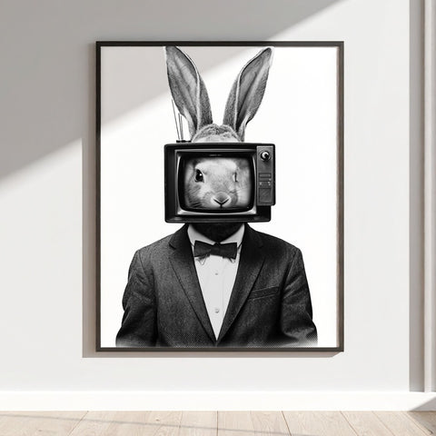 Rabbit with TV Head in Suit Surreal Art Print