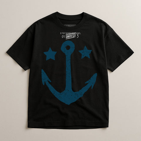Black Shirt with Large Blue Anchor and Stars Design
