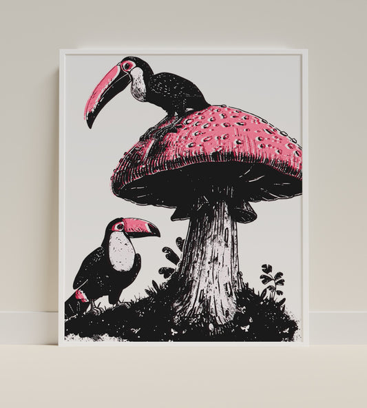 Toucans on Pink Mushroom Illustration Art Print
