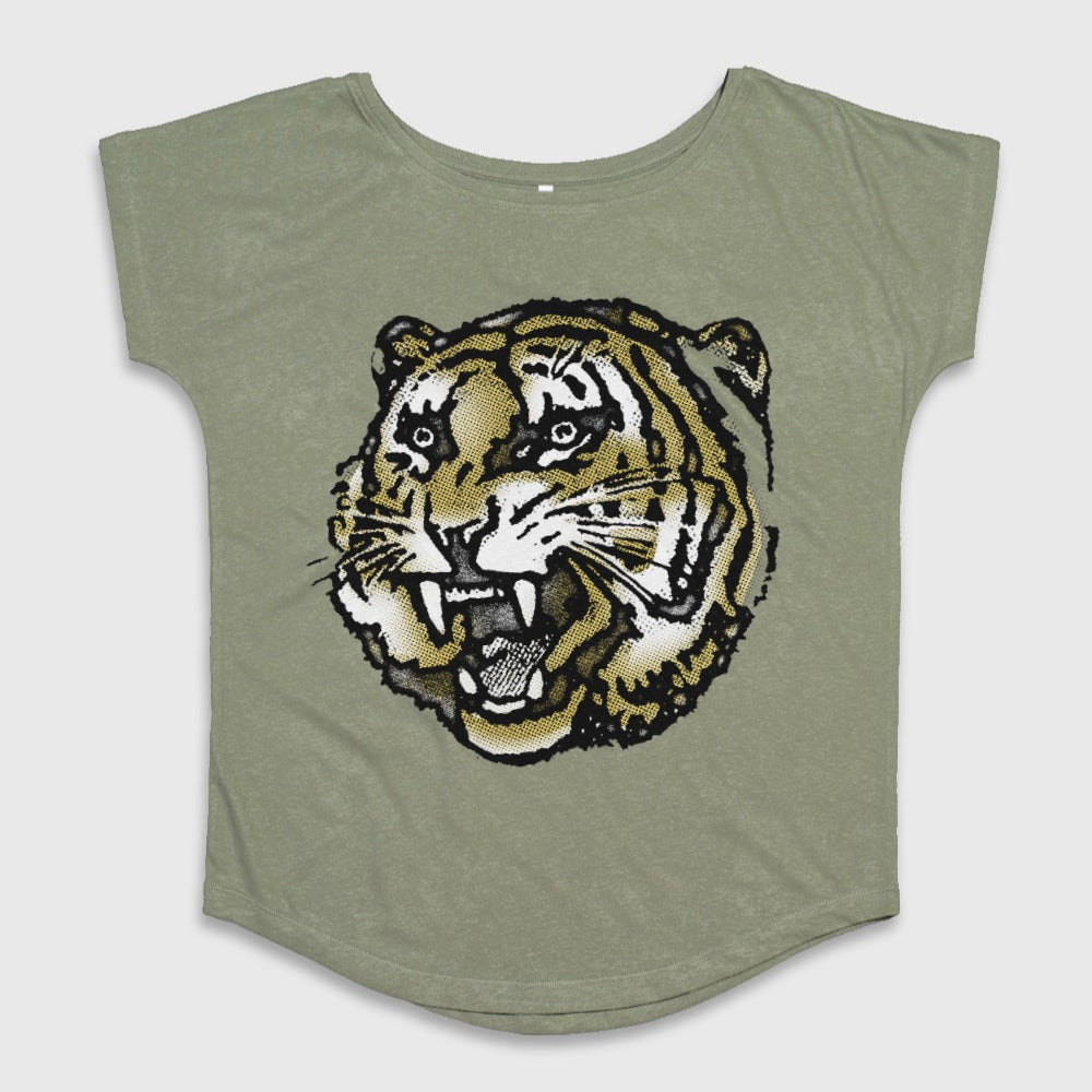 Fierce Tiger Graphic Print on Olive Green Shirt