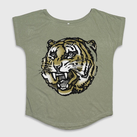 Fierce Tiger Graphic Print on Olive Green Shirt