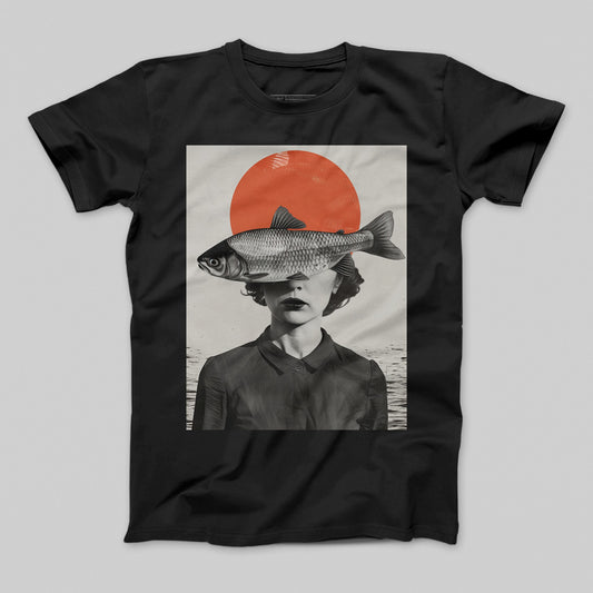 Surreal Woman with Fish and Red Sun Graphic Tee