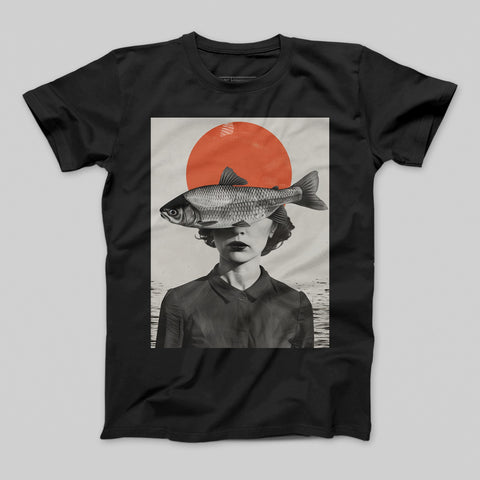 Surreal Woman with Fish and Red Sun Graphic Tee