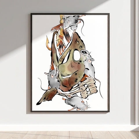 Unique Artistic Mouse and Fish Skull Wall Art Print