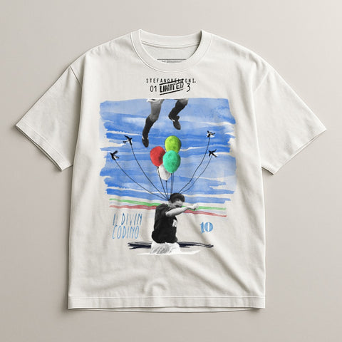 T-shirt with graphic art of Diego Maradona with balloons and airplanes.