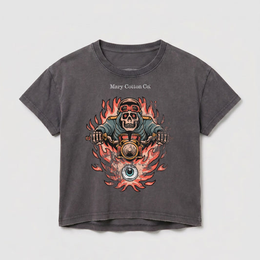 Dark gray t-shirt with a flaming skull rider and a red eye graphic.
