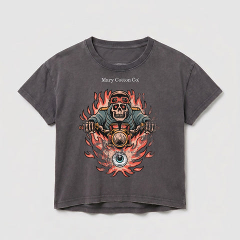 Dark gray t-shirt with a flaming skull rider and a red eye graphic.