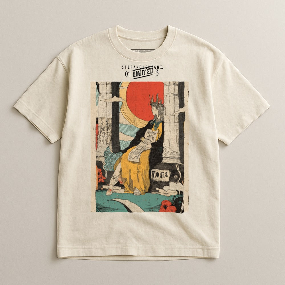 Cream t-shirt with a vintage illustration of a queen in yellow, red, and black.