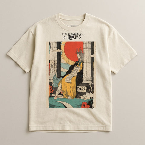 Cream t-shirt with a vintage illustration of a queen in yellow, red, and black.