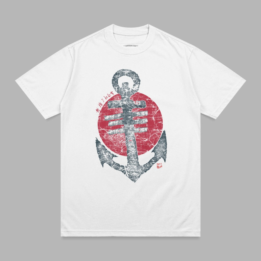 White t-shirt with distressed anchor graphic superimposed on red circle.