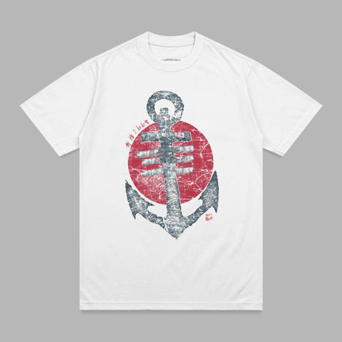 White t-shirt with distressed anchor graphic superimposed on red circle.