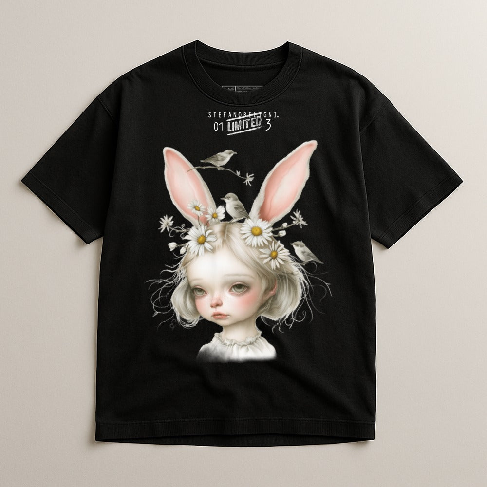 Cute Girl with Bunny Ears and Flowers T-shirt