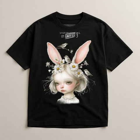 Cute Girl with Bunny Ears and Flowers T-shirt