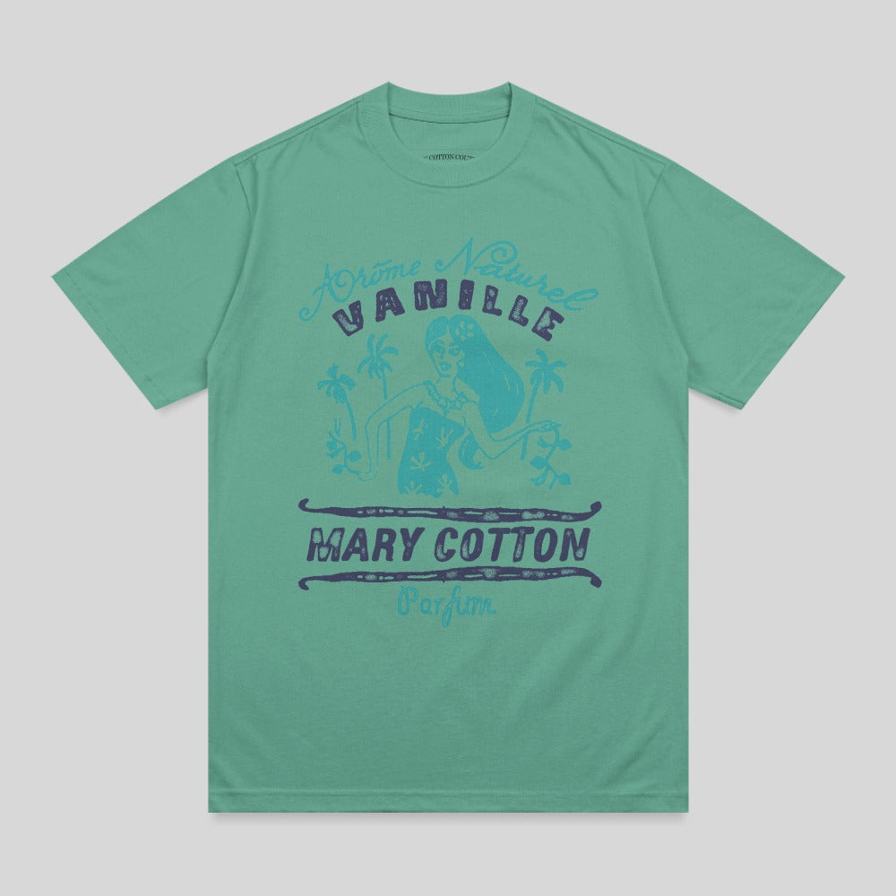 Green t-shirt with vintage tropical perfume advertisement graphic.