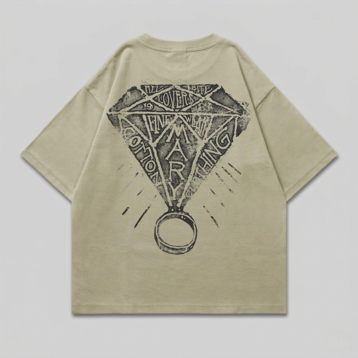 T-shirt with diamond and ring graphic on back.