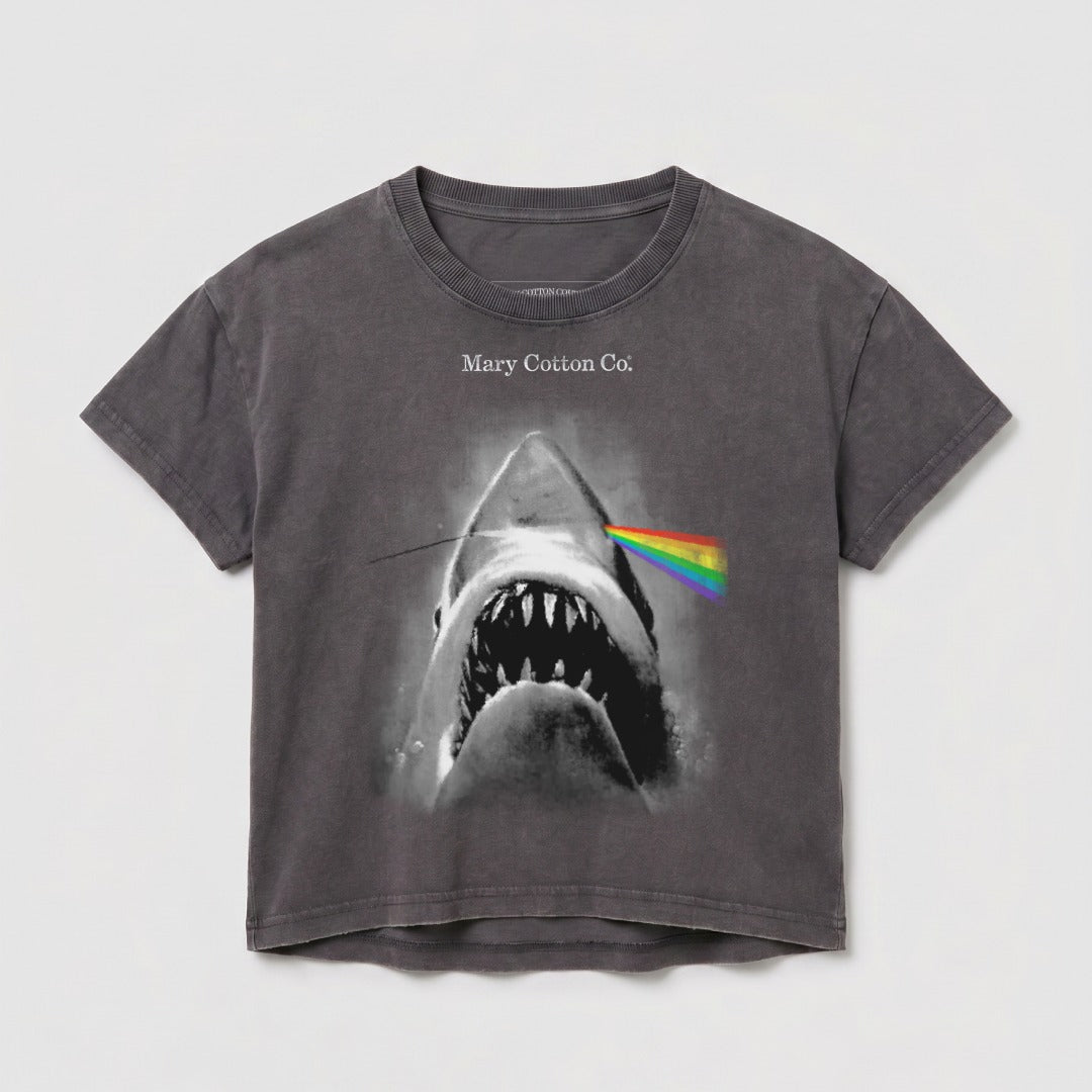 Dark grey t-shirt with shark and rainbow prism graphic, "Mary Cotton Co." text.