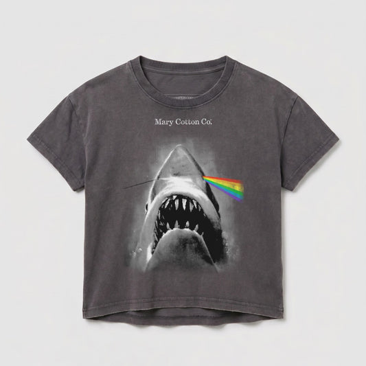 Dark grey t-shirt with shark and rainbow prism graphic, "Mary Cotton Co." text.