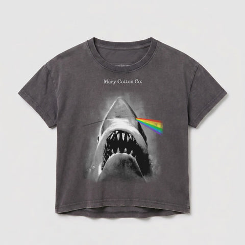 Dark grey t-shirt with shark and rainbow prism graphic, "Mary Cotton Co." text.
