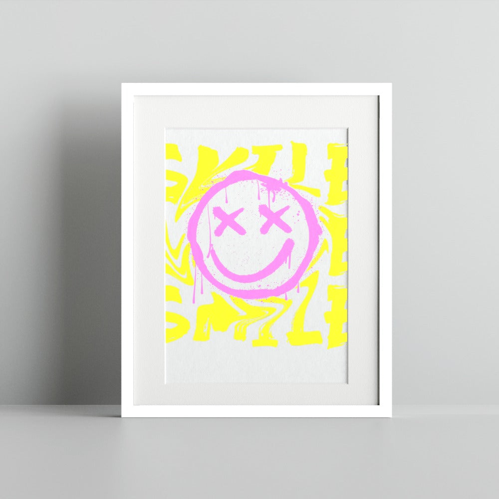 Bright Smiley Face Art Print with Pink and Yellow Design