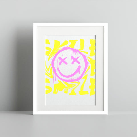 Bright Smiley Face Art Print with Pink and Yellow Design