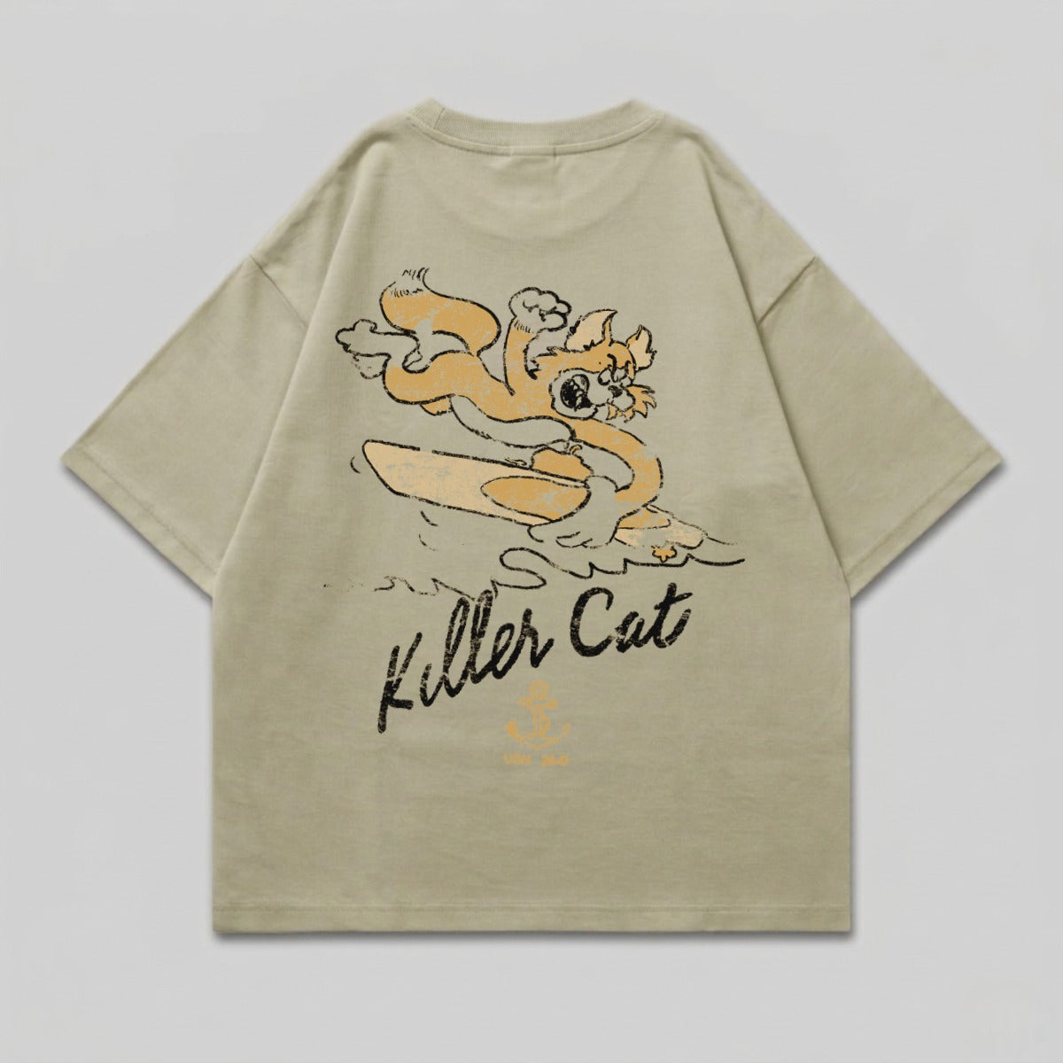 T-shirt with a cartoon cat surfing with "Killer Cat" text.